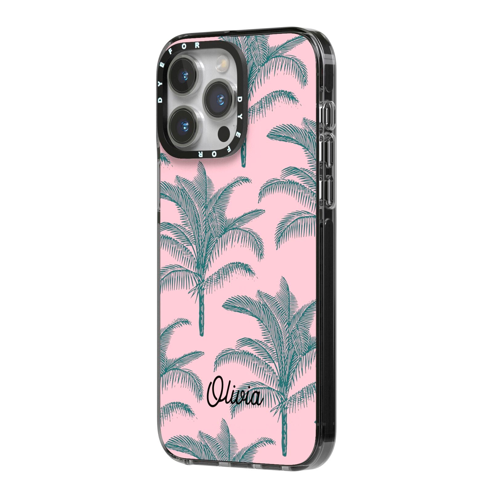 Personalised Palm iPhone 14 Pro Max Black Impact Case Side Angle on Silver phone