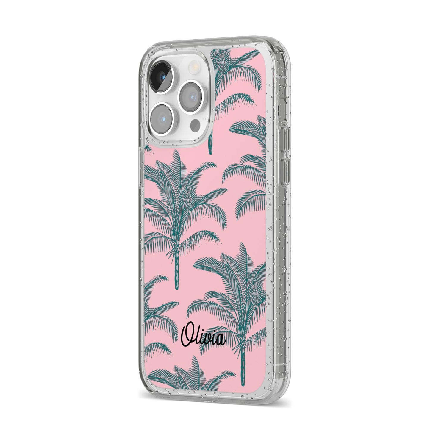 Personalised Palm iPhone 14 Pro Max Glitter Tough Case Silver Angled Image