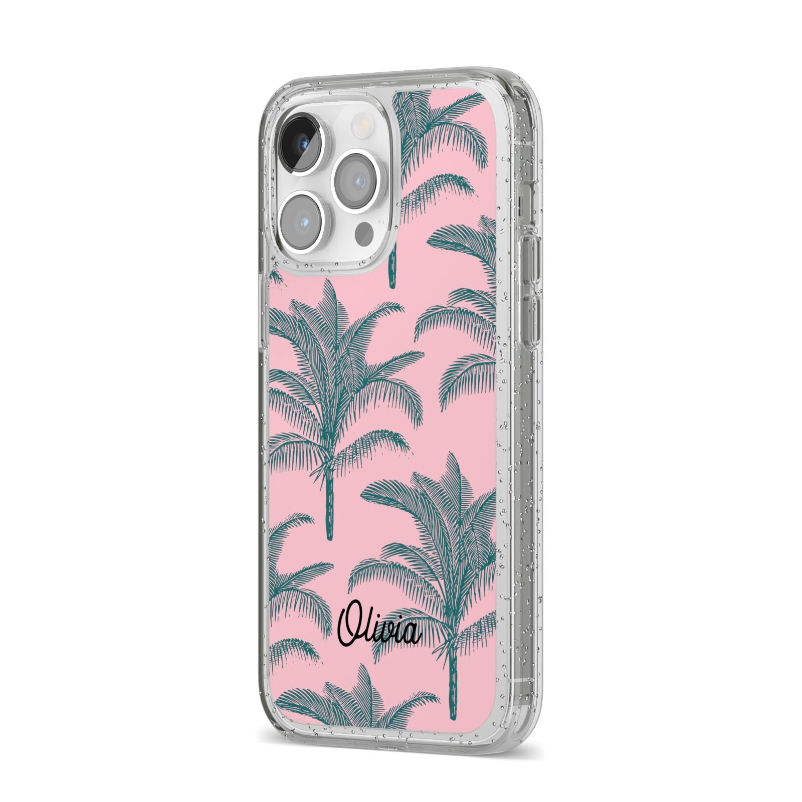 Personalised Palm iPhone 14 Pro Max Glitter Tough Case Silver Angled Image