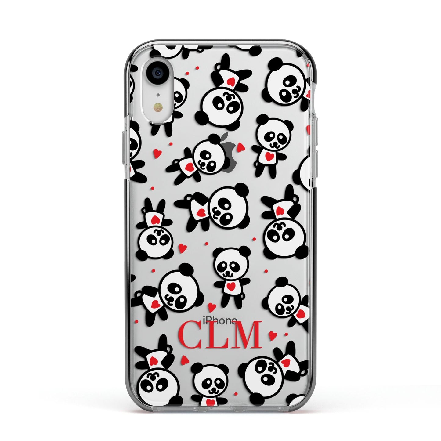Personalised Panda Initials Apple iPhone XR Impact Case Black Edge on Silver Phone