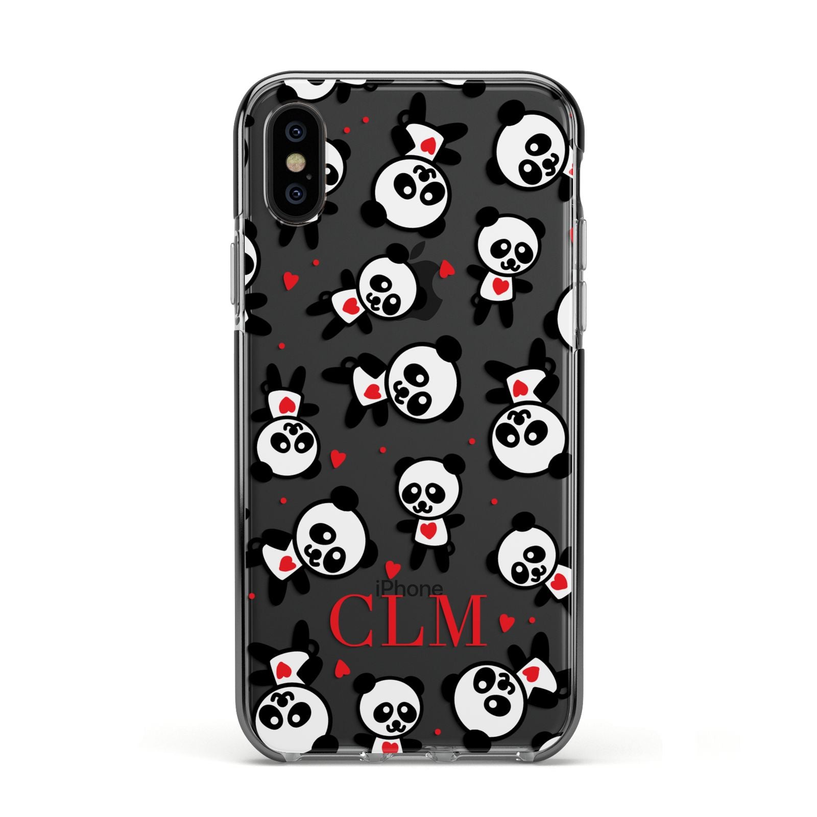 Personalised Panda Initials Apple iPhone Xs Impact Case Black Edge on Black Phone