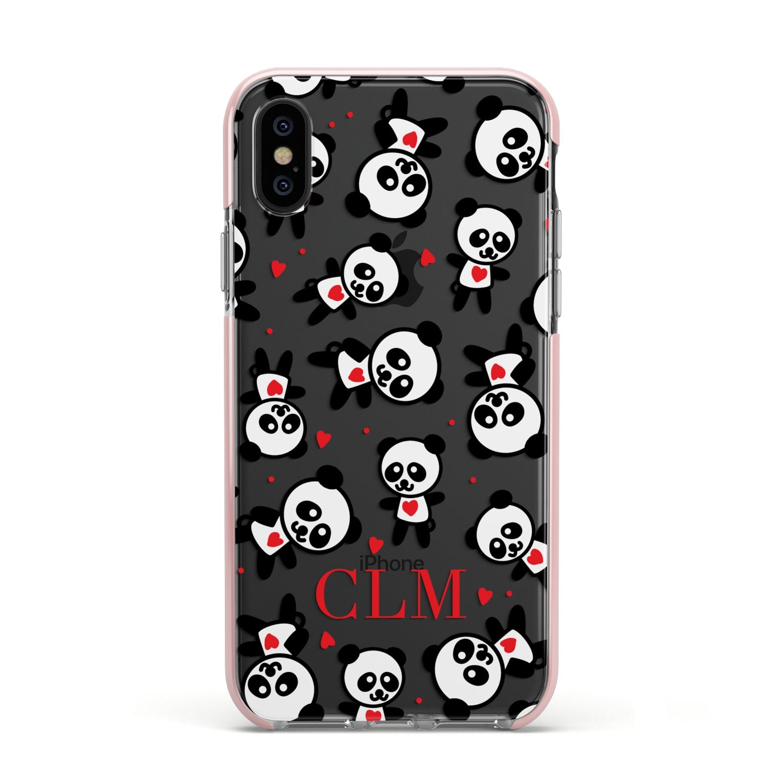 Personalised Panda Initials Apple iPhone Xs Impact Case Pink Edge on Black Phone