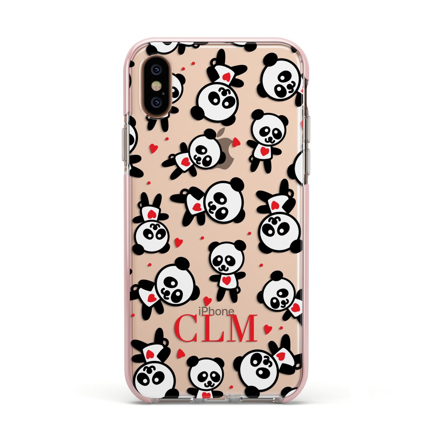 Personalised Panda Initials Apple iPhone Xs Impact Case Pink Edge on Gold Phone