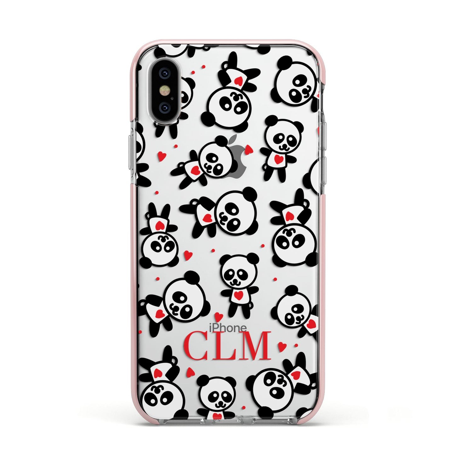 Personalised Panda Initials Apple iPhone Xs Impact Case Pink Edge on Silver Phone