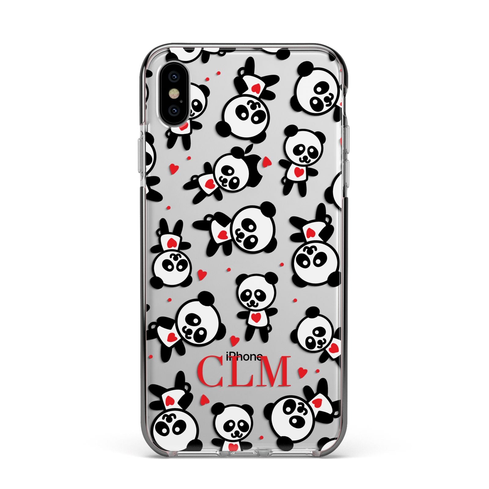 Personalised Panda Initials Apple iPhone Xs Max Impact Case Black Edge on Silver Phone