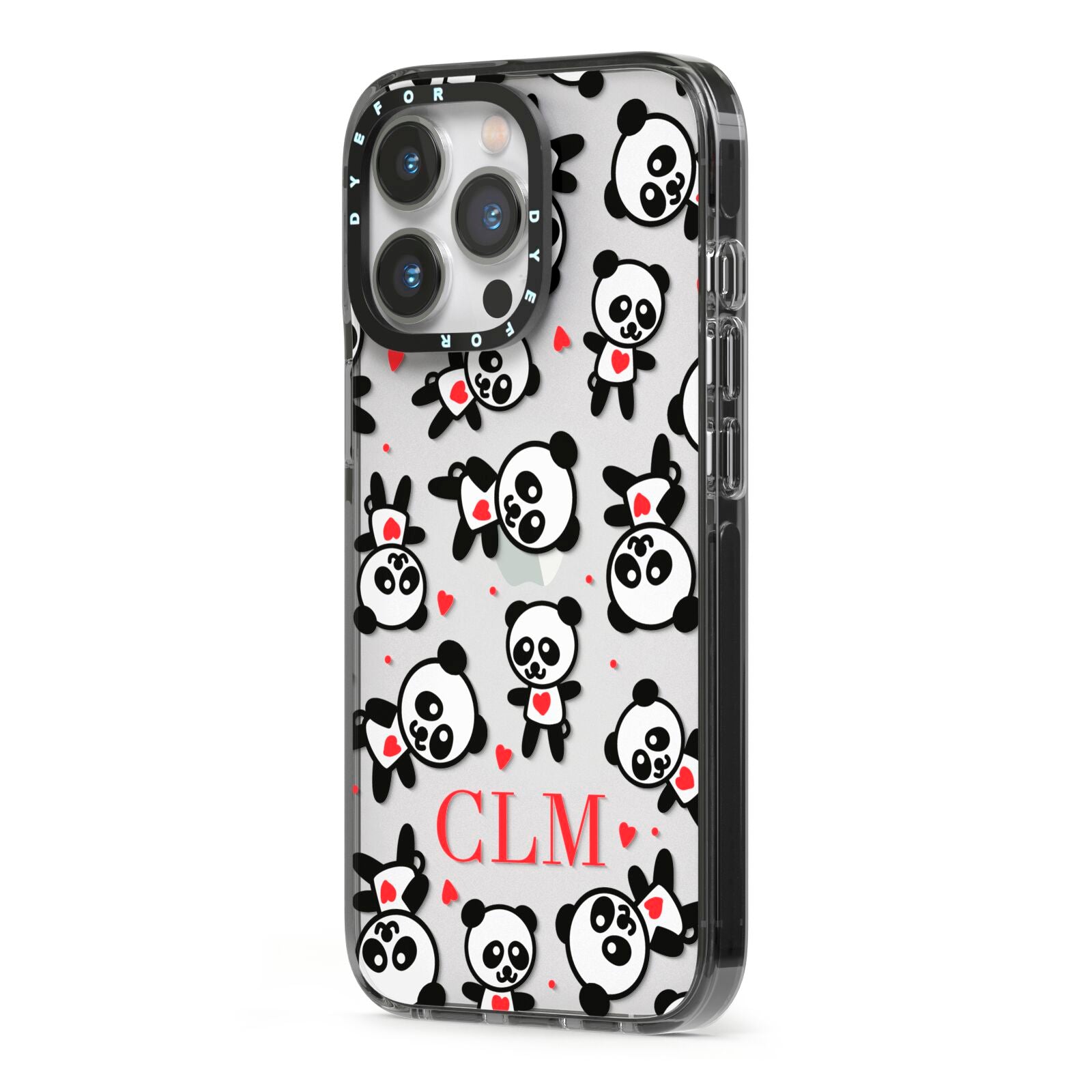 Personalised Panda Initials iPhone 13 Pro Black Impact Case Side Angle on Silver phone