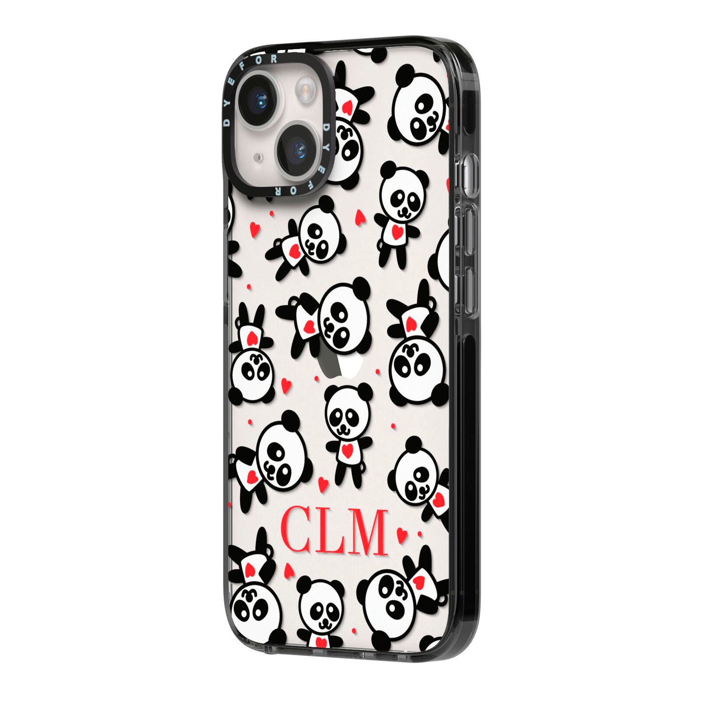 Personalised Panda Initials iPhone 14 Black Impact Case Side Angle on Silver phone