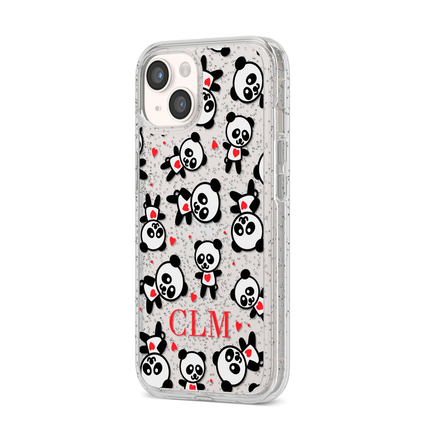 Personalised Panda Initials iPhone 14 Glitter Tough Case Starlight Angled Image