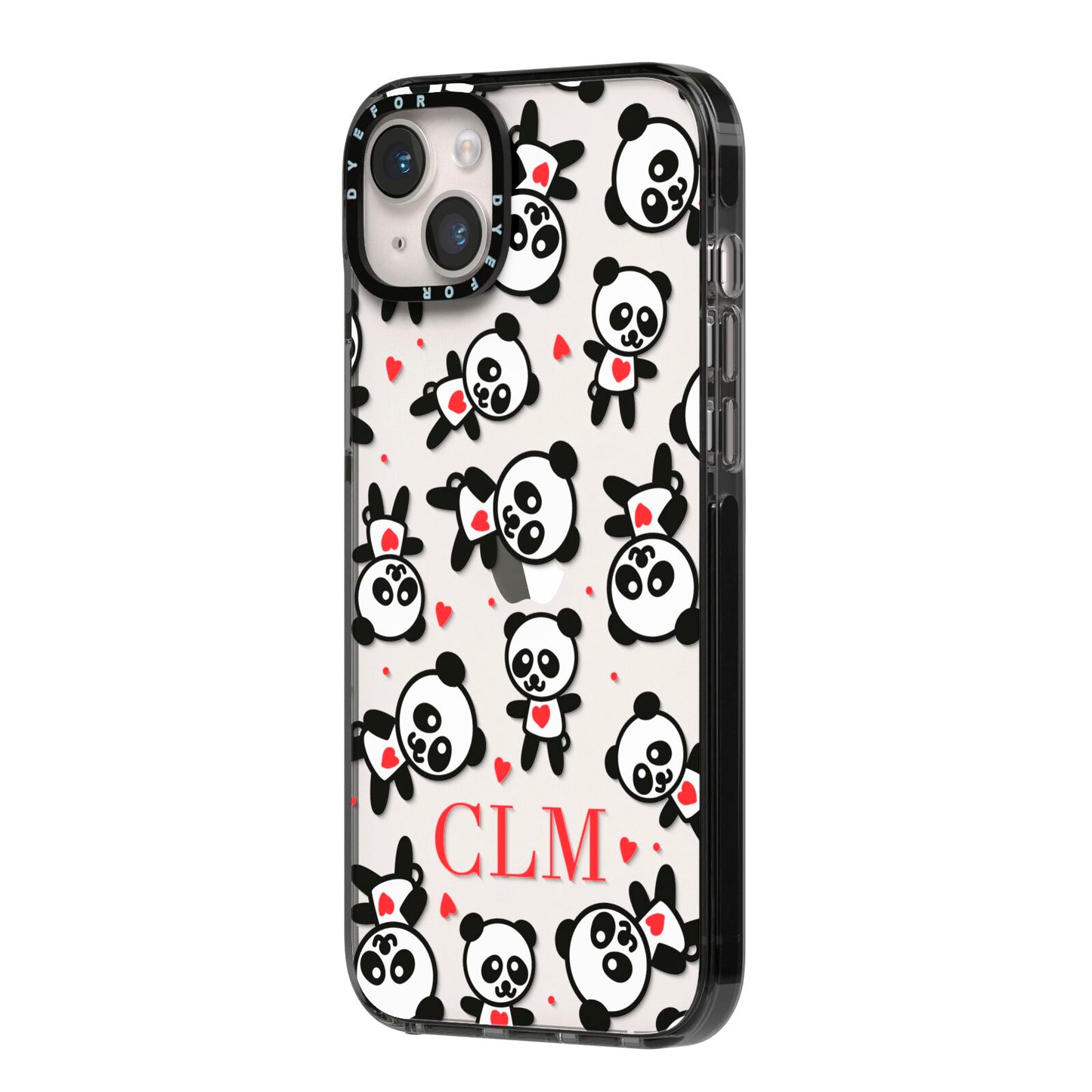 Personalised Panda Initials iPhone 14 Plus Black Impact Case Side Angle on Silver phone