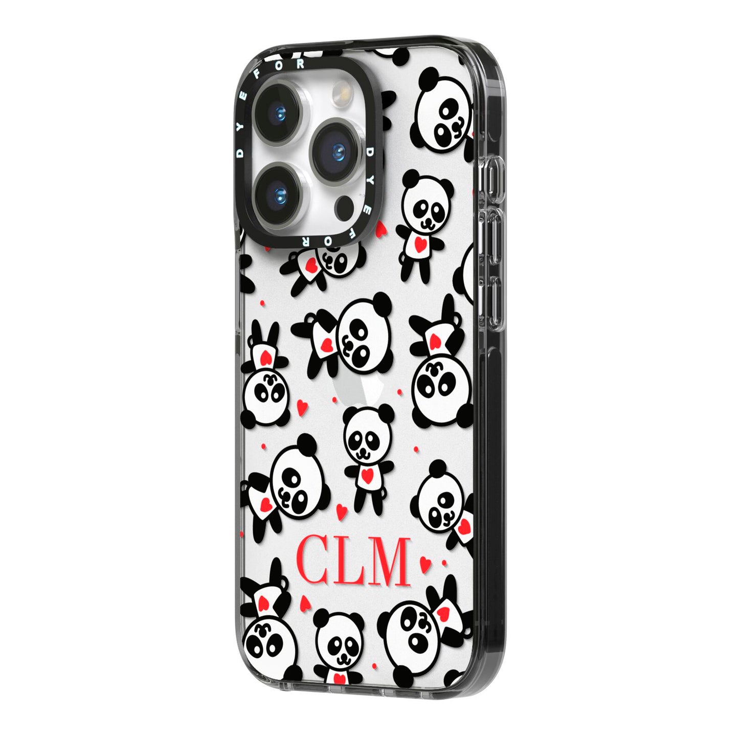 Personalised Panda Initials iPhone 14 Pro Black Impact Case Side Angle on Silver phone
