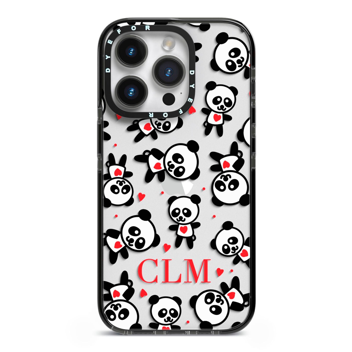 Personalised Panda Initials iPhone 14 Pro Black Impact Case on Silver phone