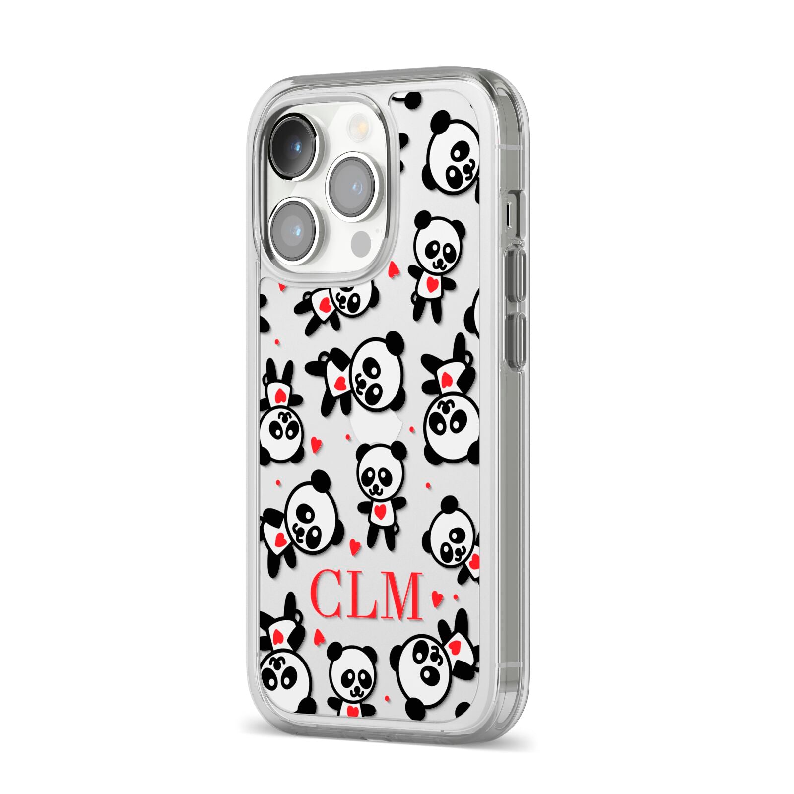 Personalised Panda Initials iPhone 14 Pro Clear Tough Case Silver Angled Image