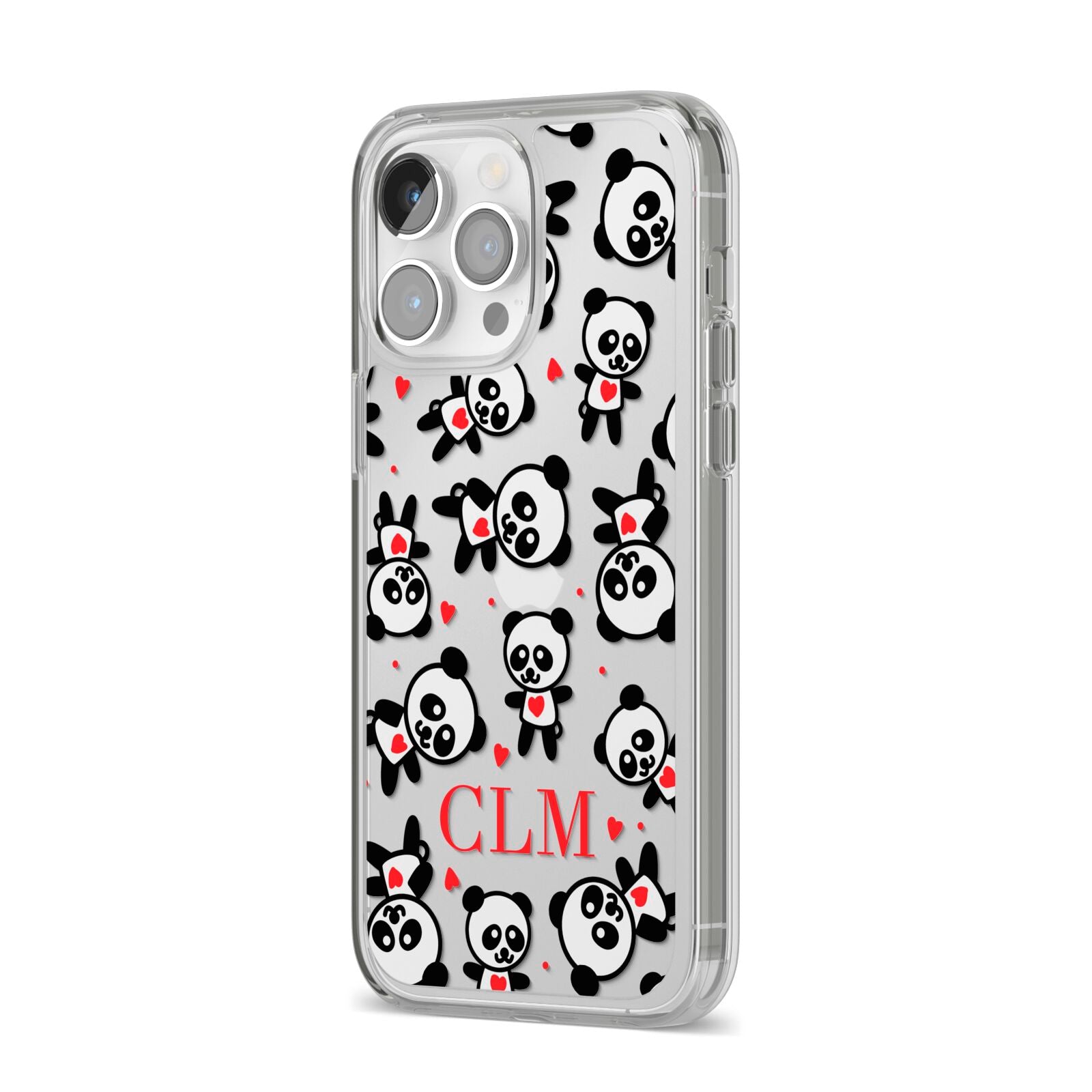 Personalised Panda Initials iPhone 14 Pro Max Clear Tough Case Silver Angled Image