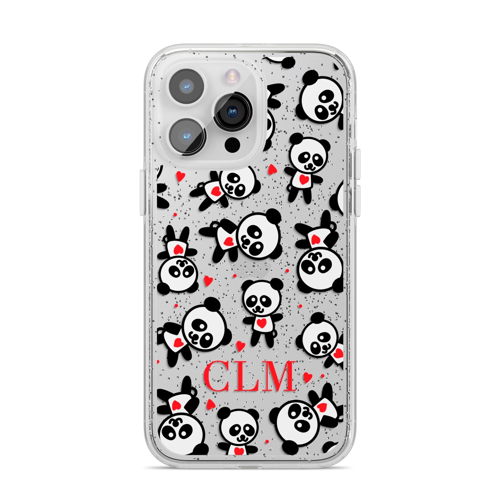 Personalised Panda Initials iPhone 14 Pro Max Glitter Tough Case Silver