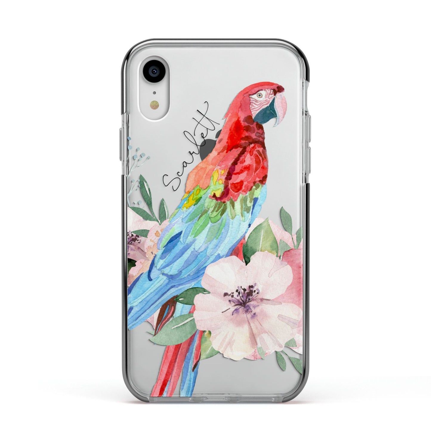 Personalised Parrot Apple iPhone XR Impact Case Black Edge on Silver Phone