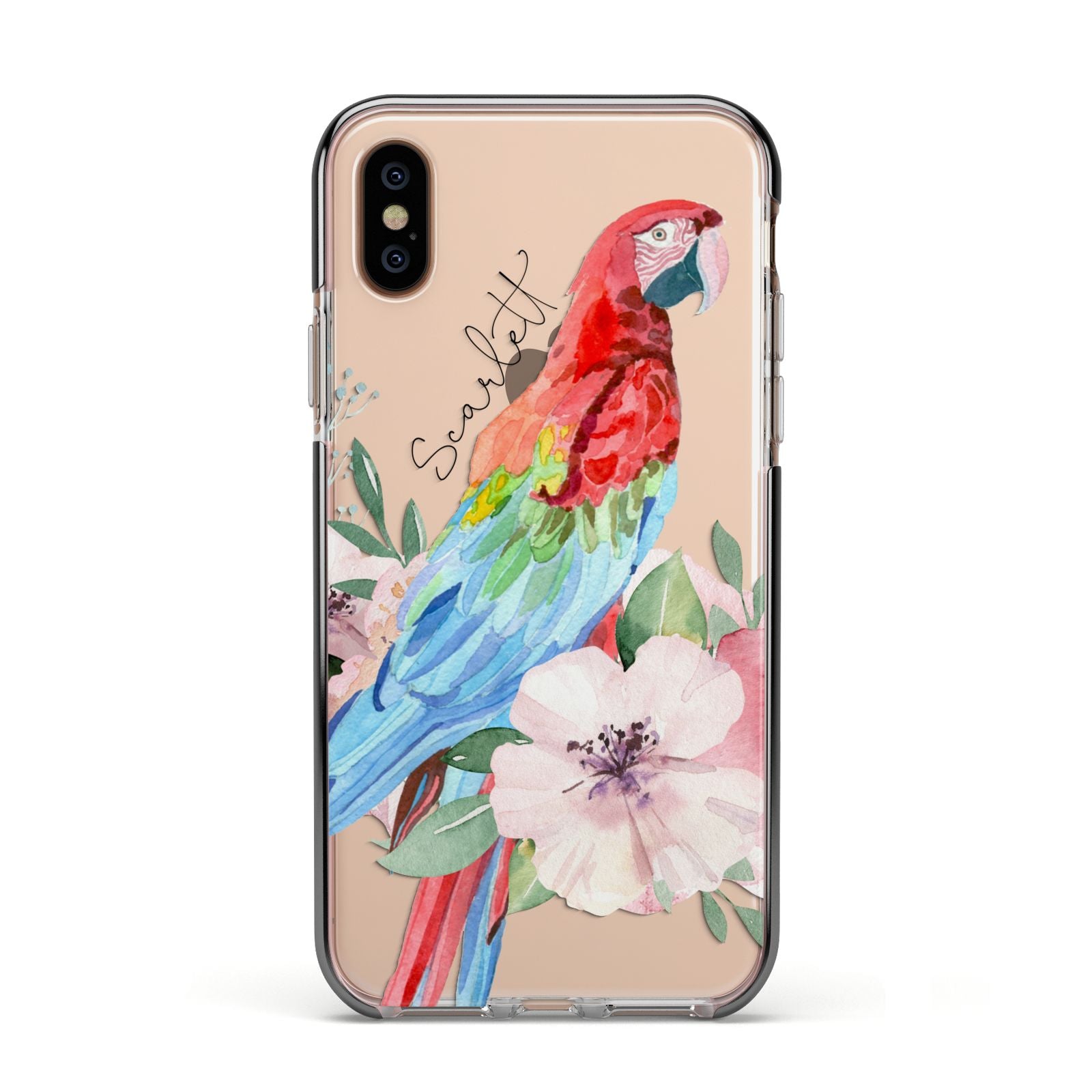 Personalised Parrot Apple iPhone Xs Impact Case Black Edge on Gold Phone