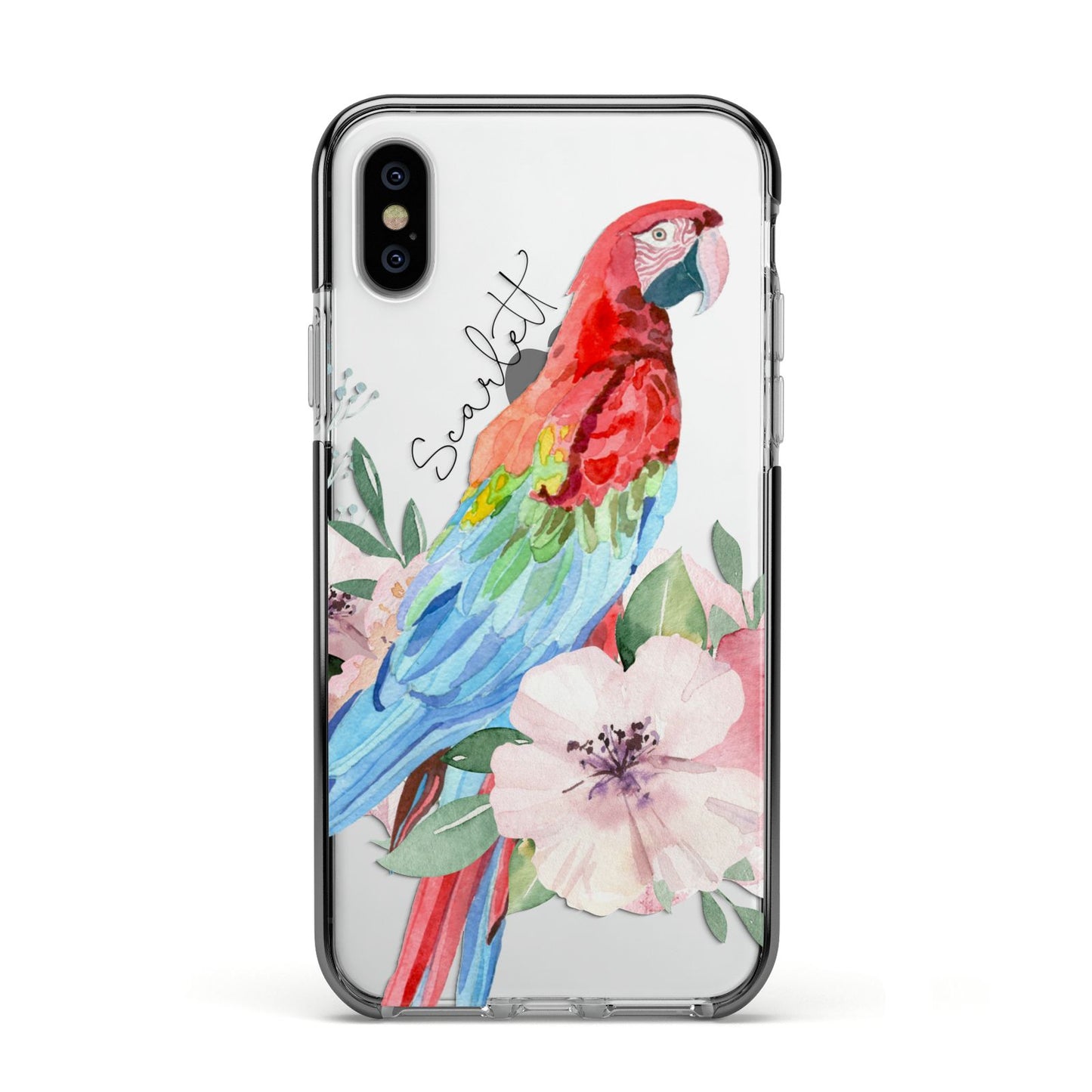 Personalised Parrot Apple iPhone Xs Impact Case Black Edge on Silver Phone
