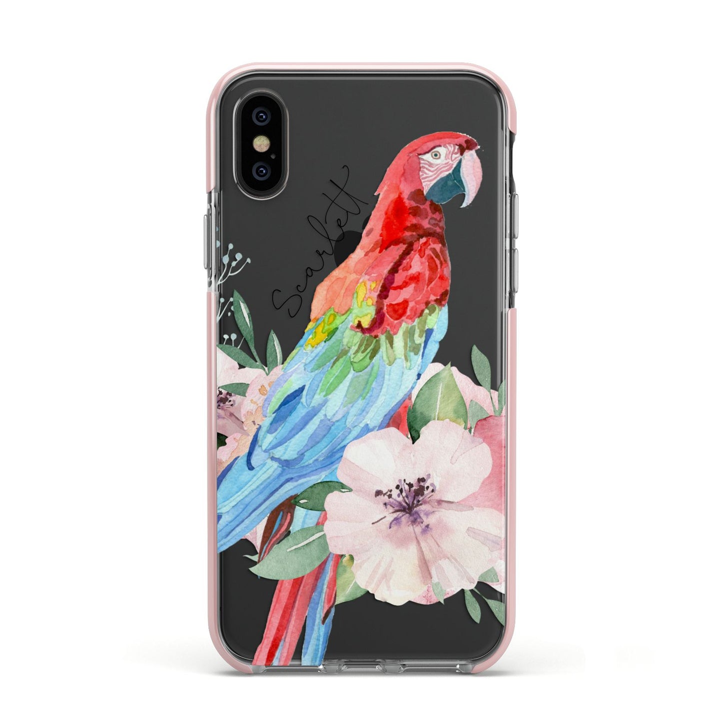Personalised Parrot Apple iPhone Xs Impact Case Pink Edge on Black Phone