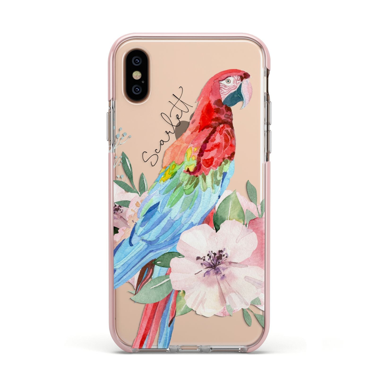 Personalised Parrot Apple iPhone Xs Impact Case Pink Edge on Gold Phone