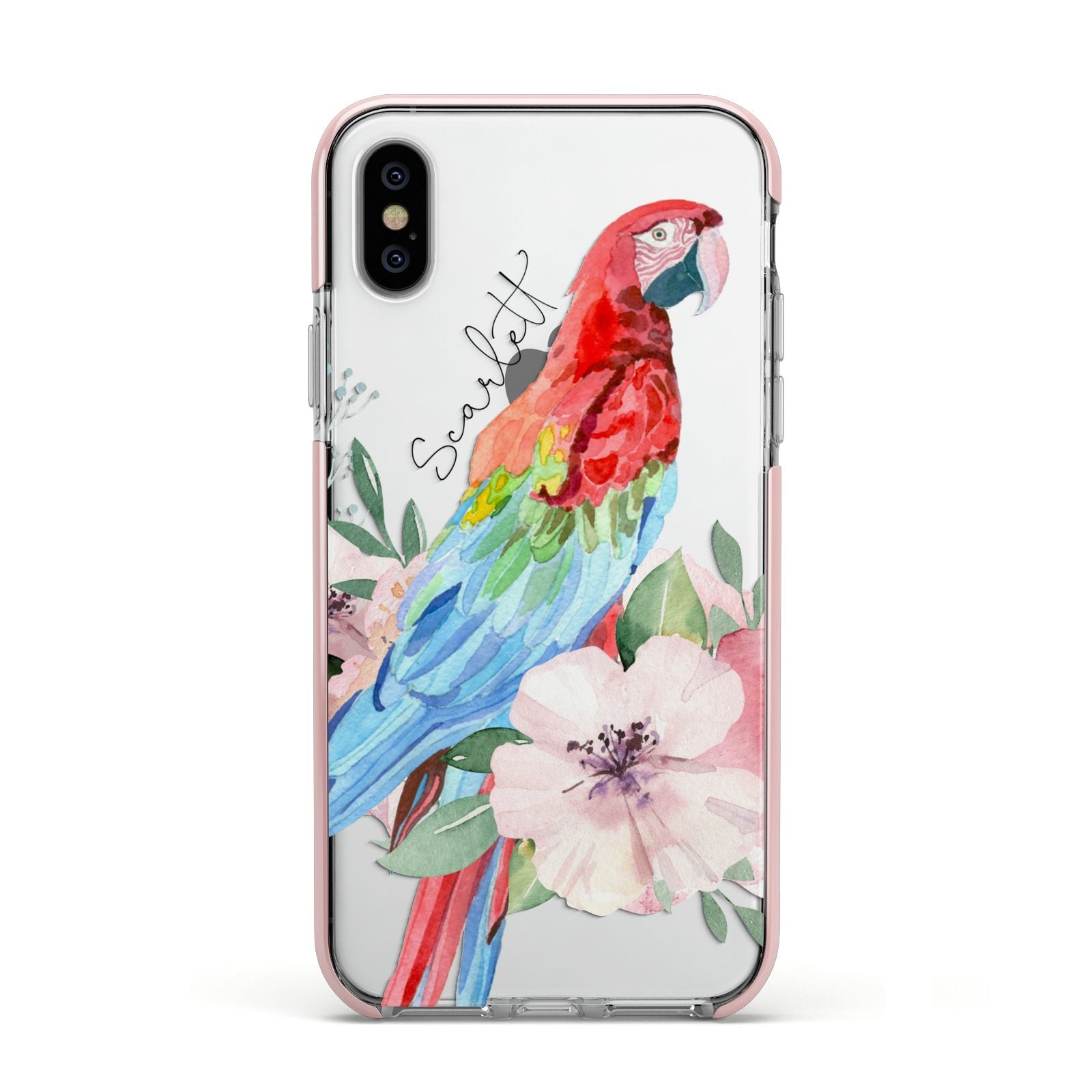 Personalised Parrot Apple iPhone Xs Impact Case Pink Edge on Silver Phone