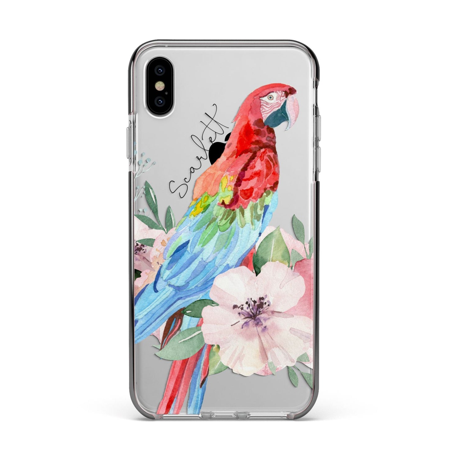 Personalised Parrot Apple iPhone Xs Max Impact Case Black Edge on Silver Phone