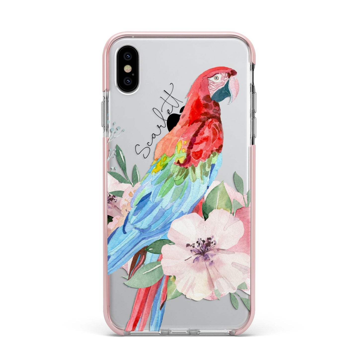 Personalised Parrot Apple iPhone Xs Max Impact Case Pink Edge on Silver Phone