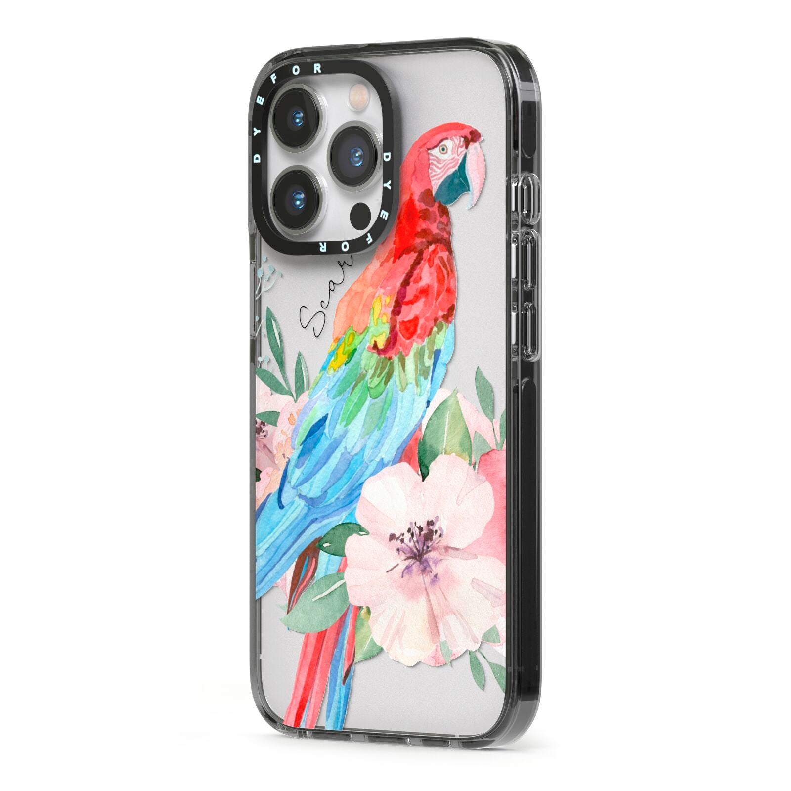 Personalised Parrot iPhone 13 Pro Black Impact Case Side Angle on Silver phone