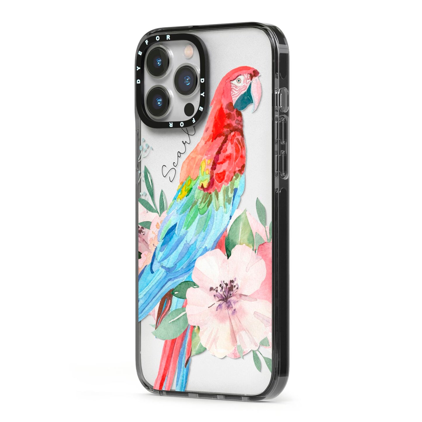 Personalised Parrot iPhone 13 Pro Max Black Impact Case Side Angle on Silver phone