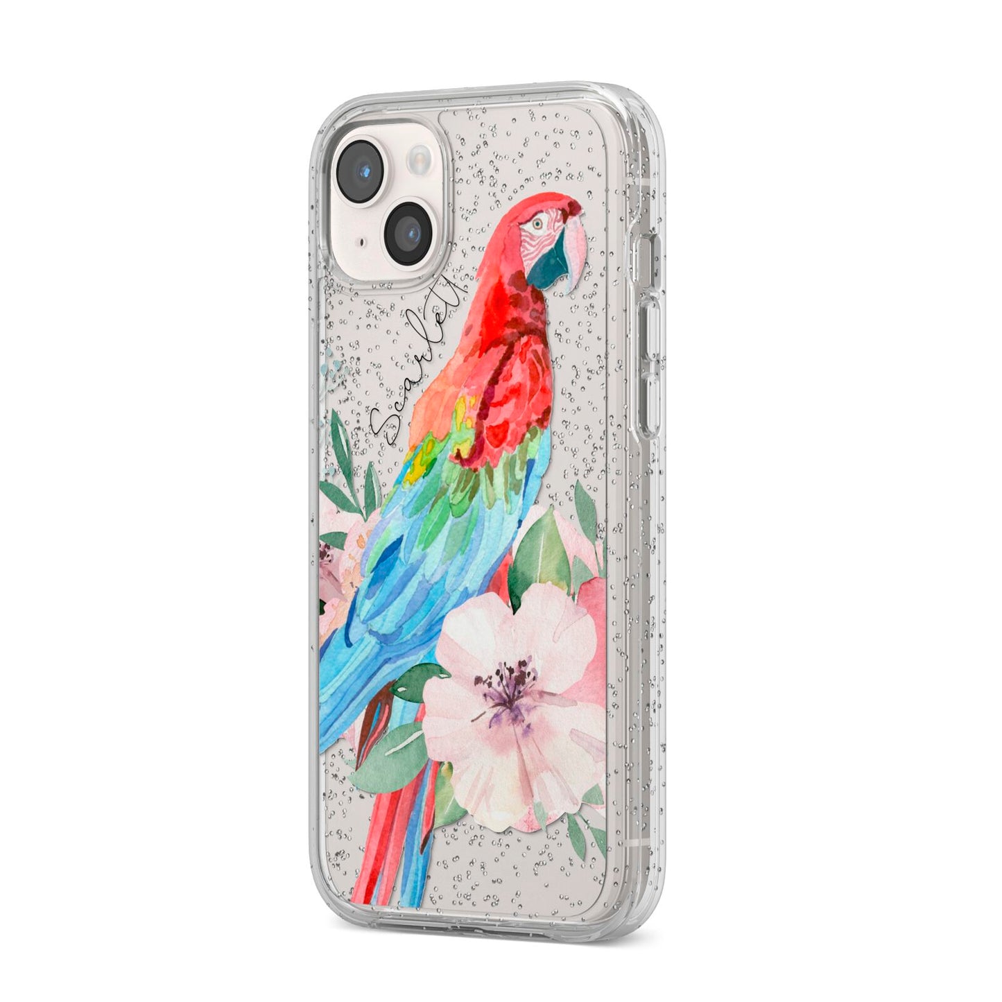 Personalised Parrot iPhone 14 Plus Glitter Tough Case Starlight Angled Image