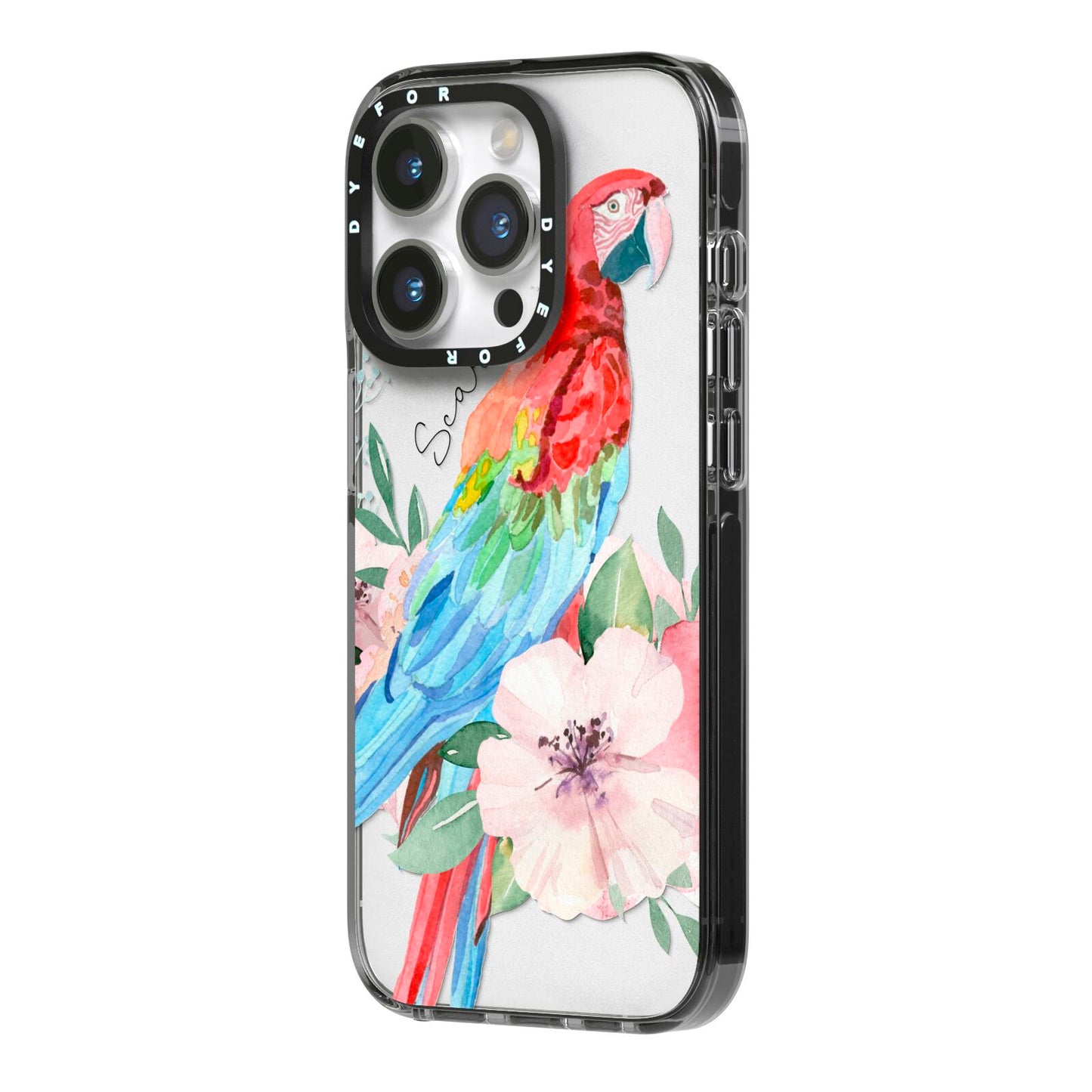 Personalised Parrot iPhone 14 Pro Black Impact Case Side Angle on Silver phone
