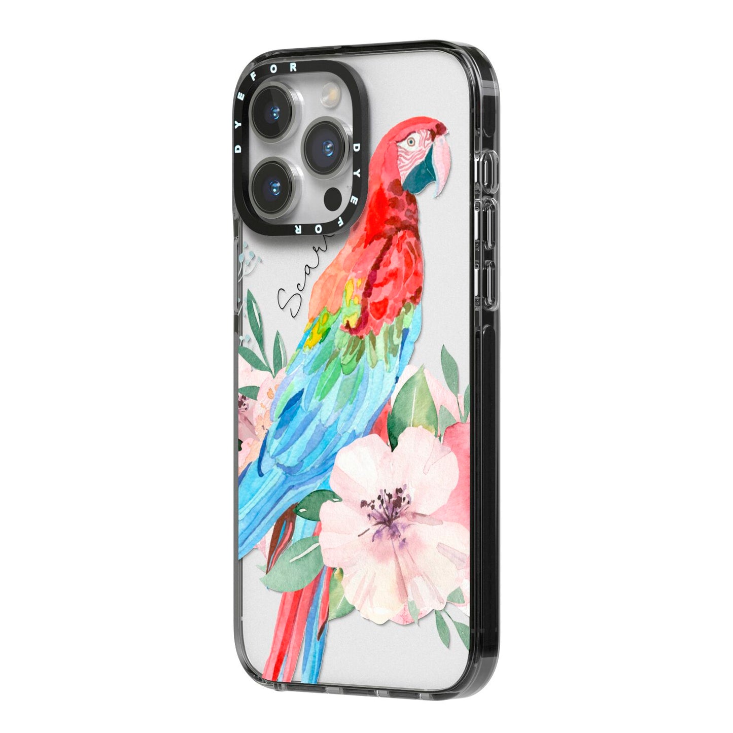 Personalised Parrot iPhone 14 Pro Max Black Impact Case Side Angle on Silver phone