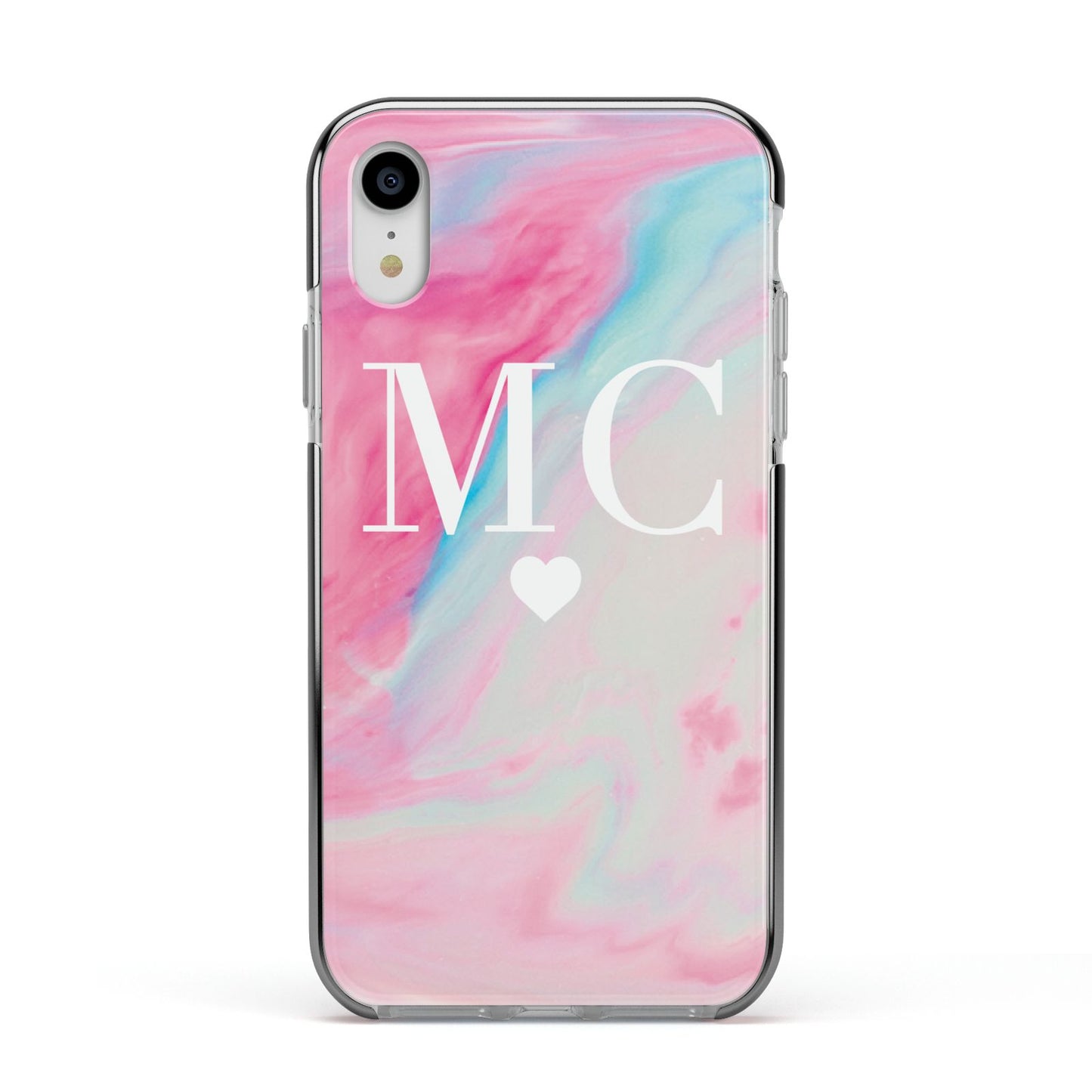 Personalised Pastel Marble Initials Apple iPhone XR Impact Case Black Edge on Silver Phone