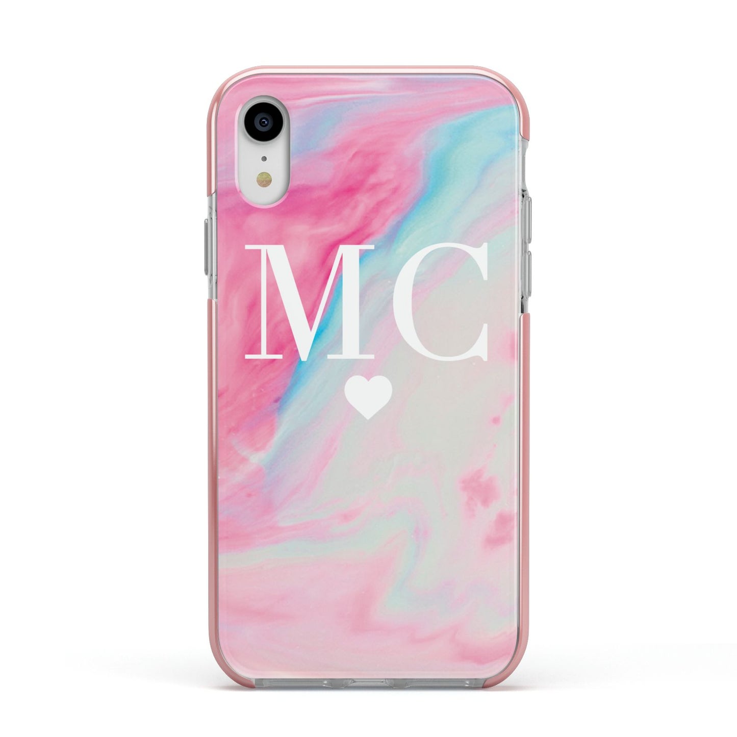 Personalised Pastel Marble Initials Apple iPhone XR Impact Case Pink Edge on Silver Phone
