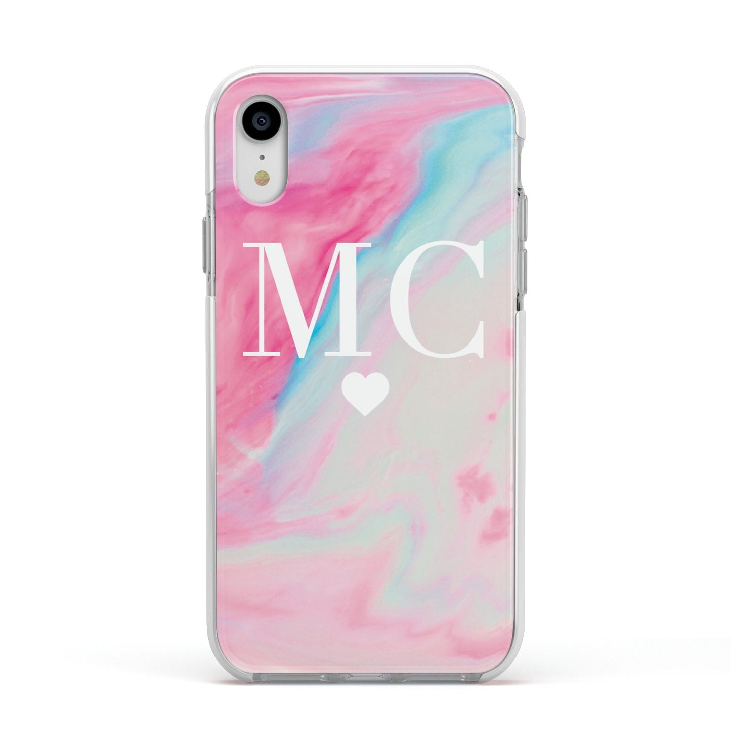 Personalised Pastel Marble Initials Apple iPhone XR Impact Case White Edge on Silver Phone