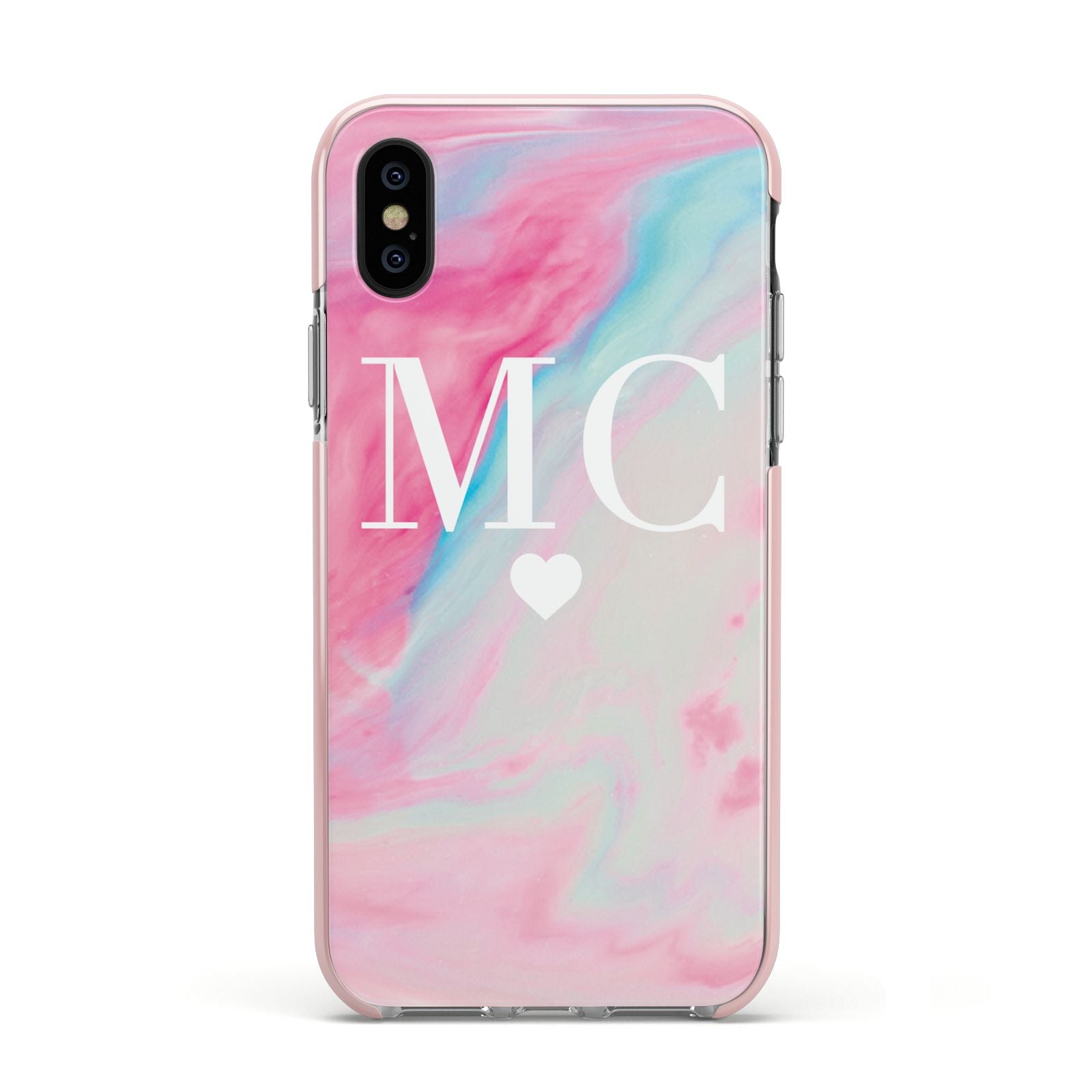 Personalised Pastel Marble Initials Apple iPhone Xs Impact Case Pink Edge on Black Phone