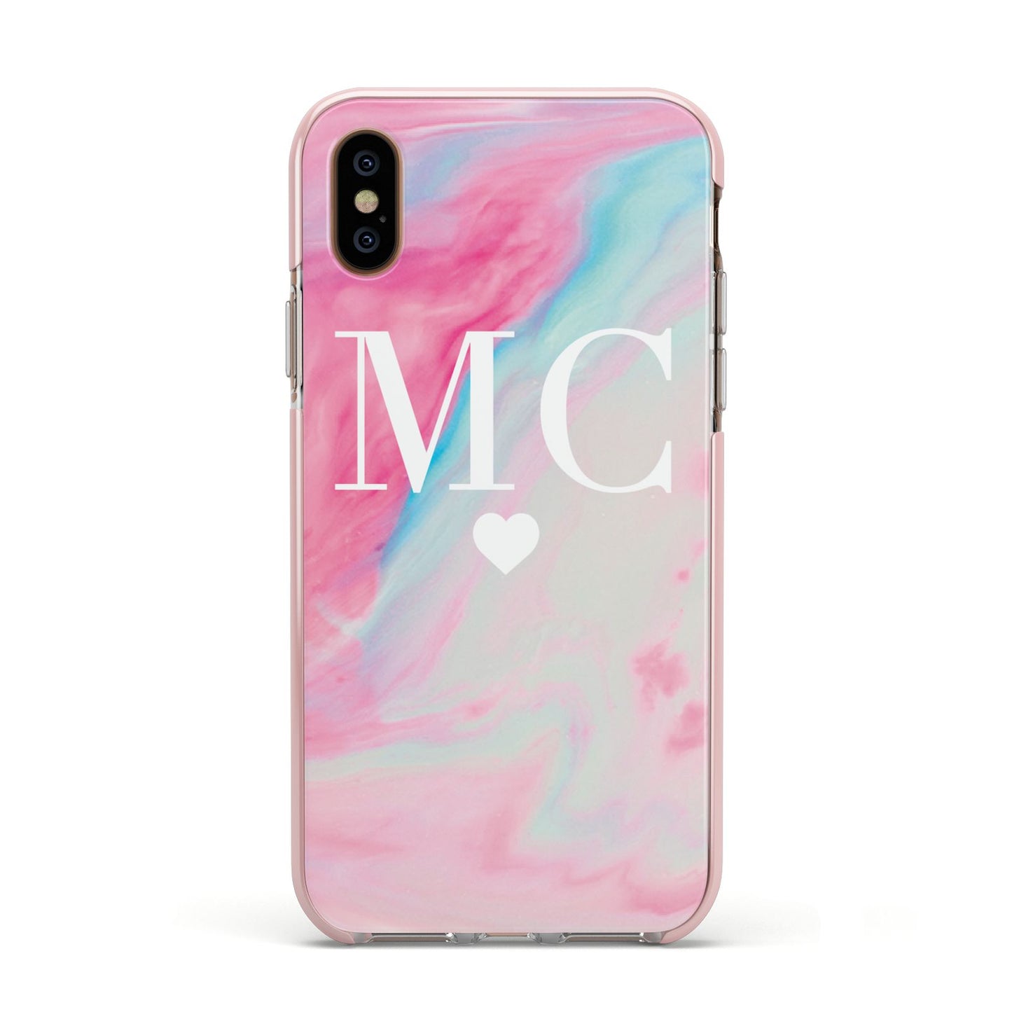 Personalised Pastel Marble Initials Apple iPhone Xs Impact Case Pink Edge on Gold Phone