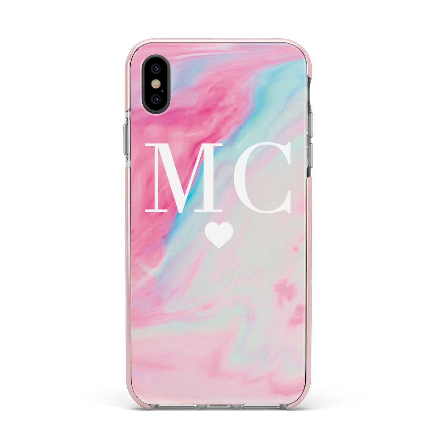 Personalised Pastel Marble Initials Apple iPhone Xs Max Impact Case Pink Edge on Black Phone