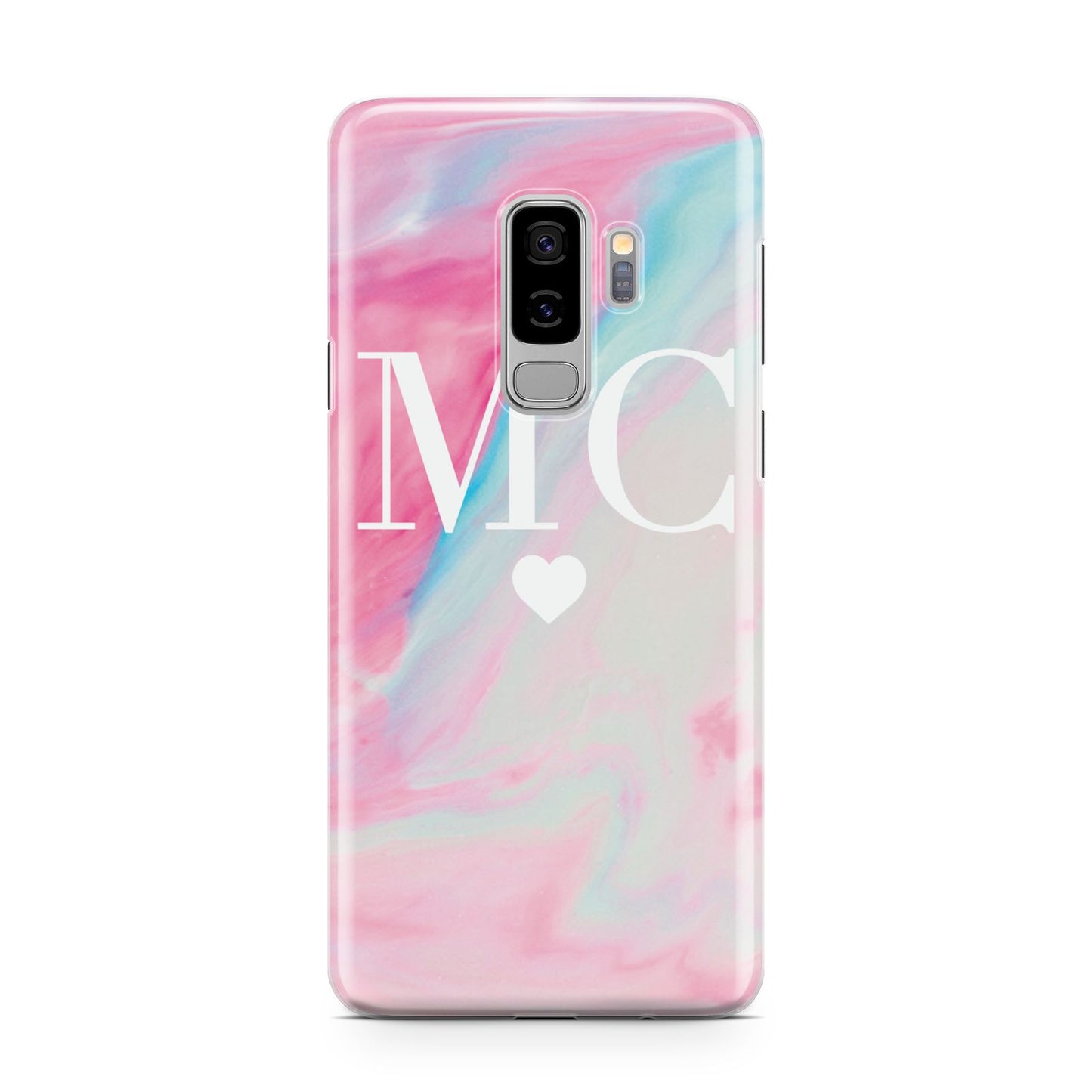 Personalised Pastel Marble Initials Samsung Galaxy S9 Plus Case on Silver phone