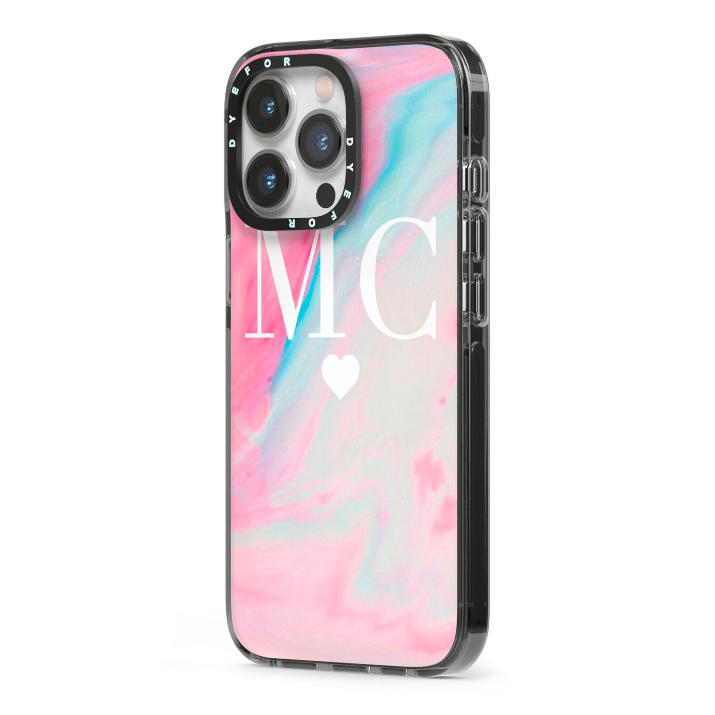 Personalised Pastel Marble Initials iPhone 13 Pro Black Impact Case Side Angle on Silver phone