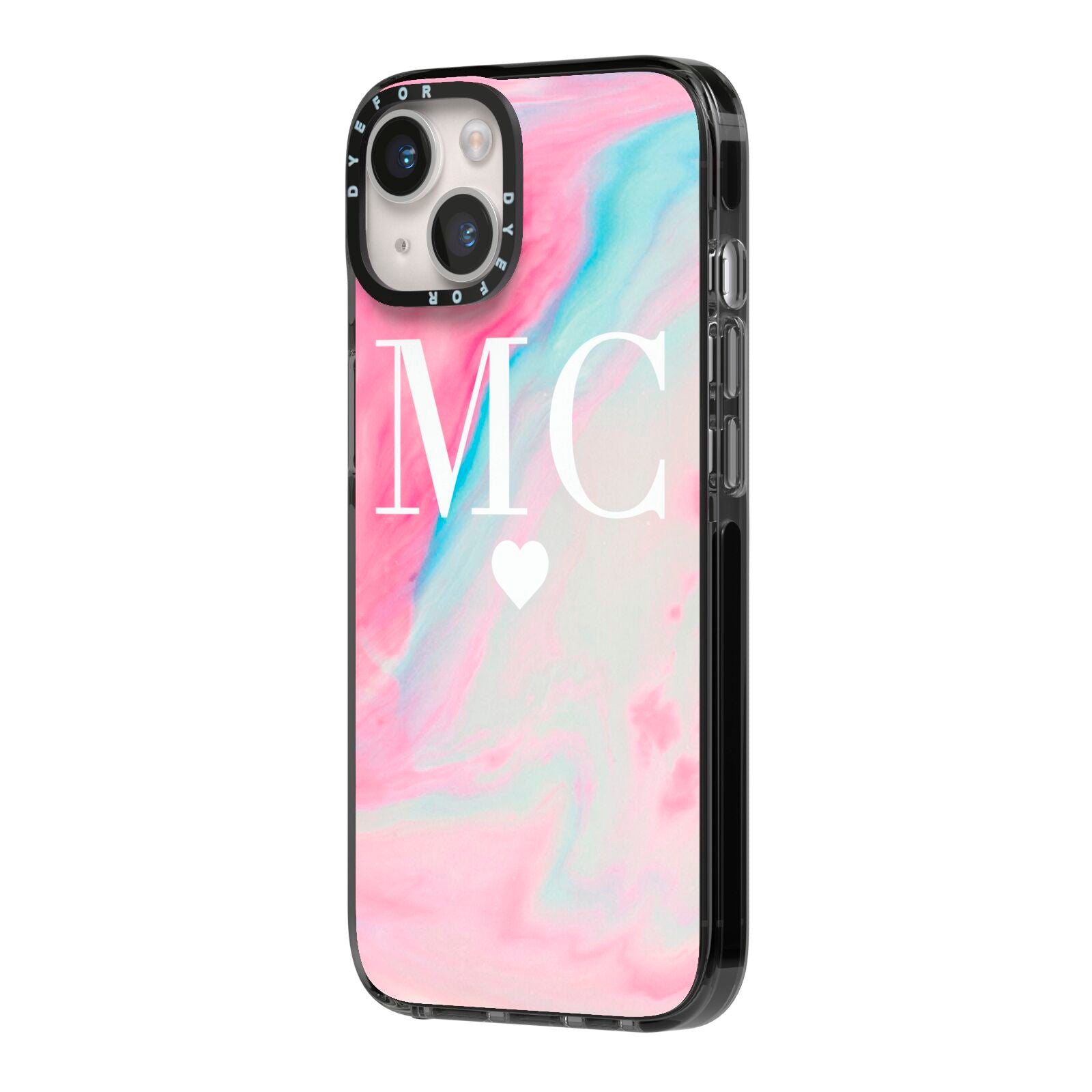 Personalised Pastel Marble Initials iPhone 14 Black Impact Case Side Angle on Silver phone