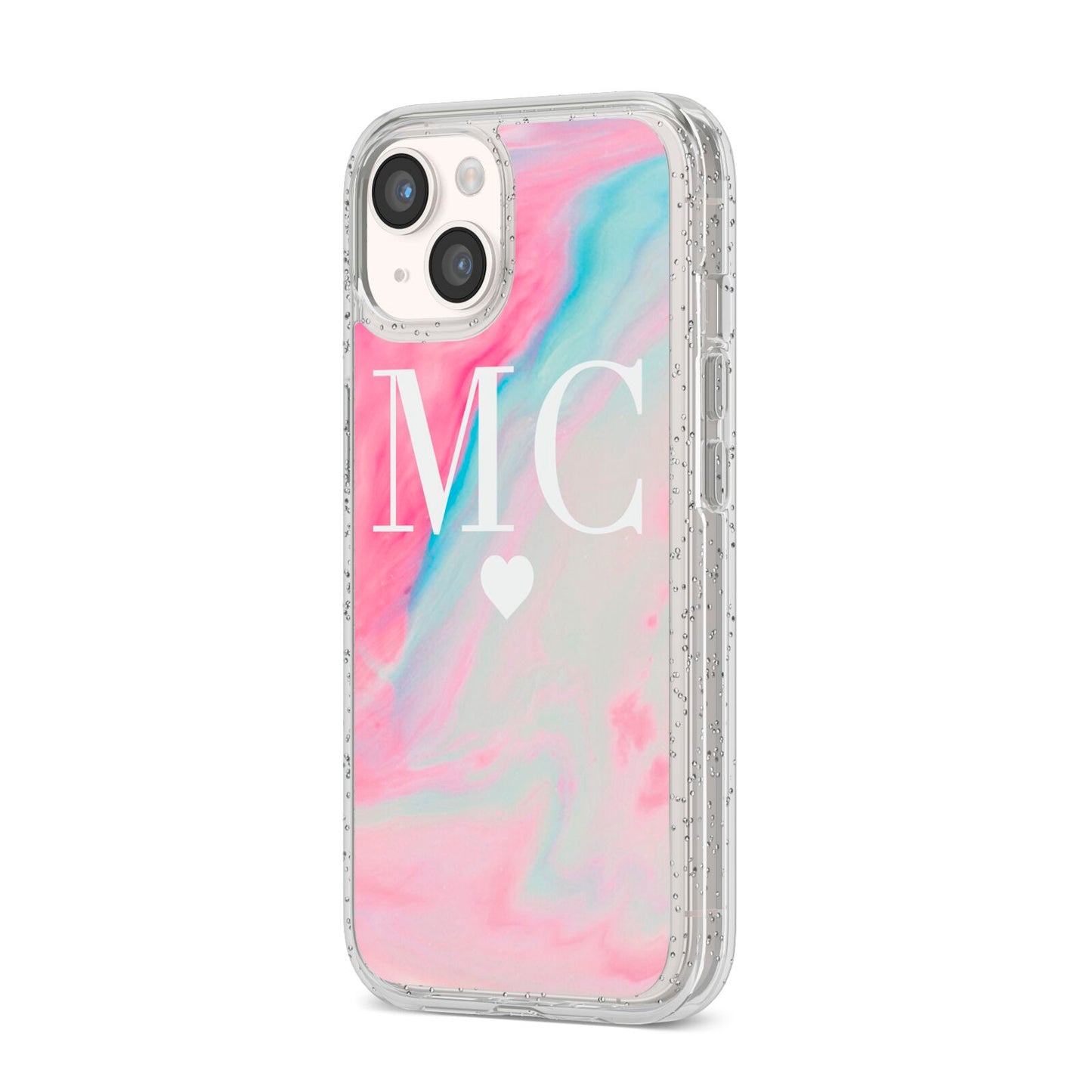 Personalised Pastel Marble Initials iPhone 14 Glitter Tough Case Starlight Angled Image