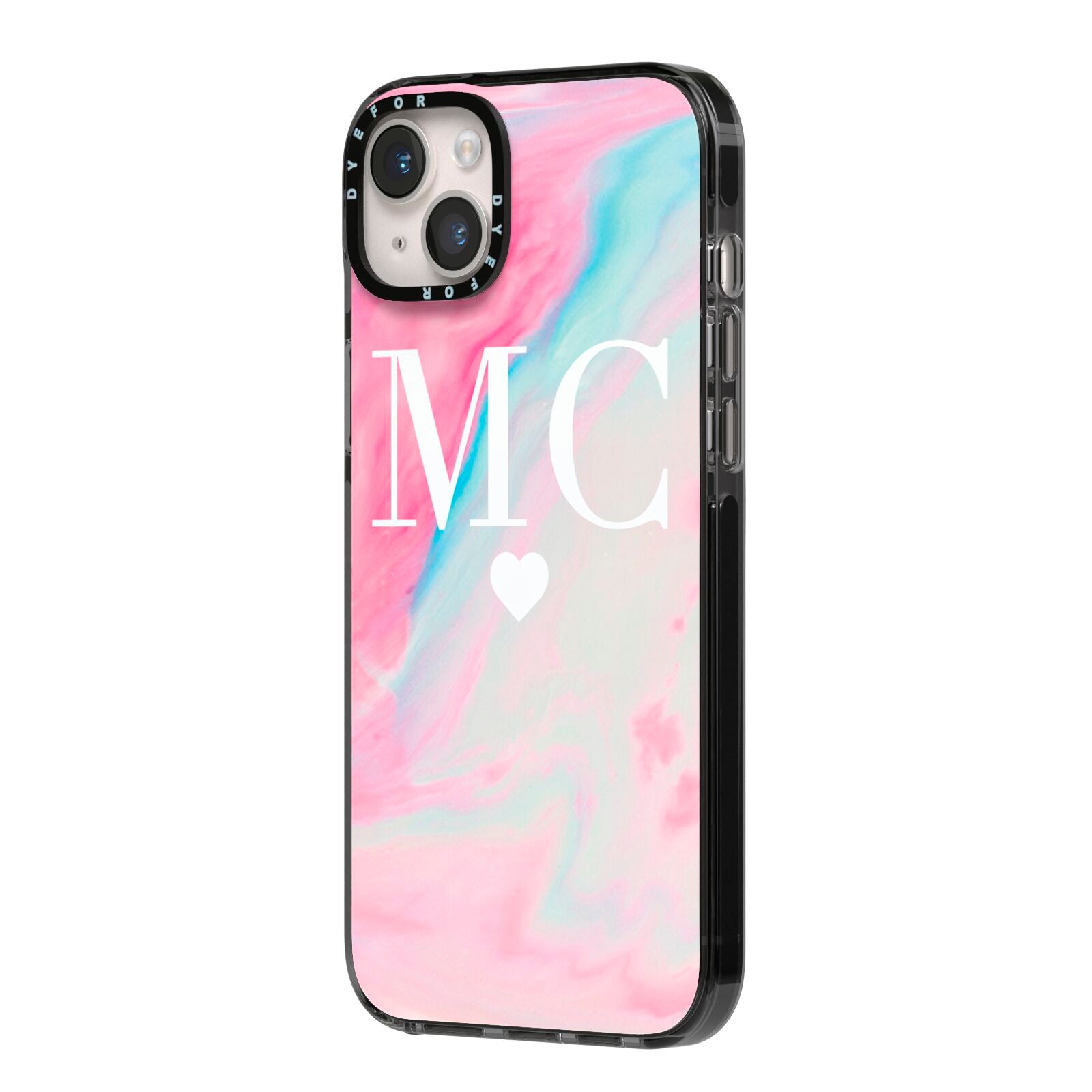 Personalised Pastel Marble Initials iPhone 14 Plus Black Impact Case Side Angle on Silver phone