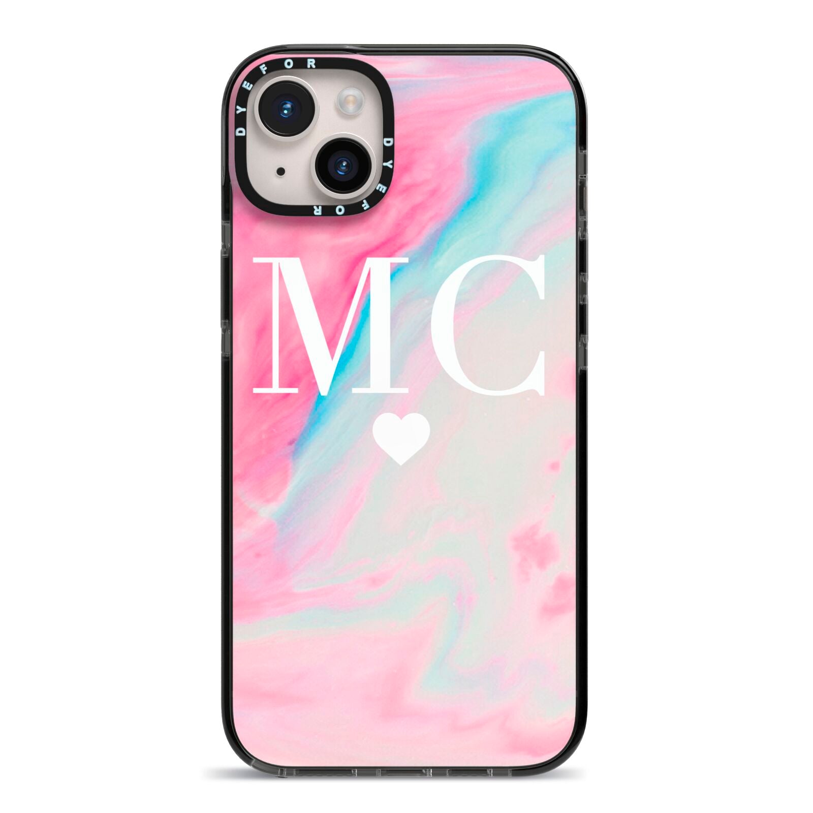 Personalised Pastel Marble Initials iPhone 14 Plus Black Impact Case on Silver phone