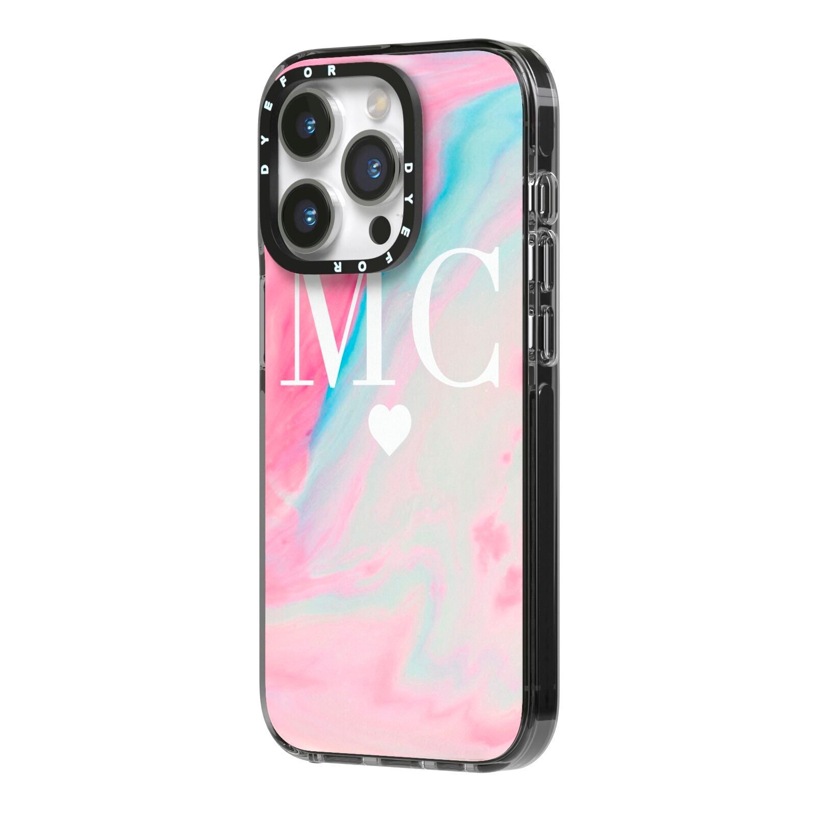 Personalised Pastel Marble Initials iPhone 14 Pro Black Impact Case Side Angle on Silver phone