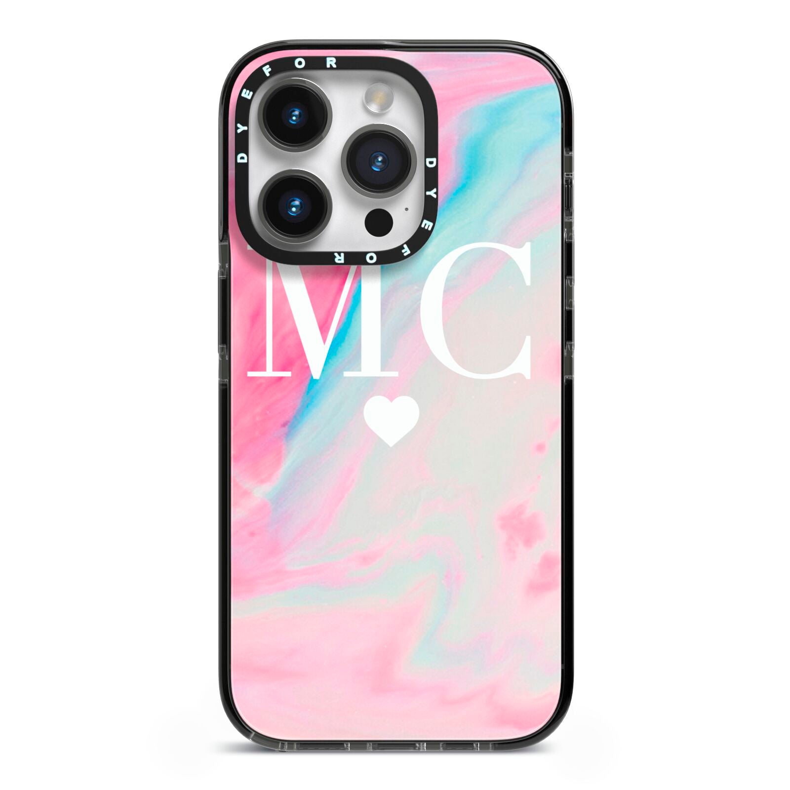 Personalised Pastel Marble Initials iPhone 14 Pro Black Impact Case on Silver phone