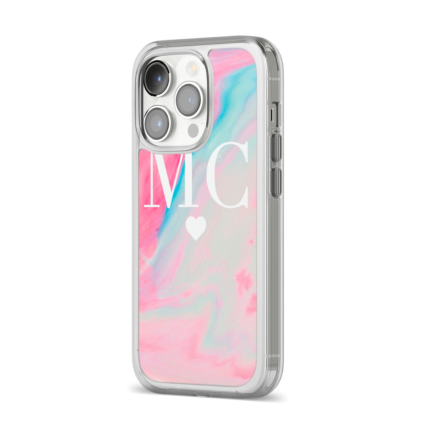 Personalised Pastel Marble Initials iPhone 14 Pro Clear Tough Case Silver Angled Image
