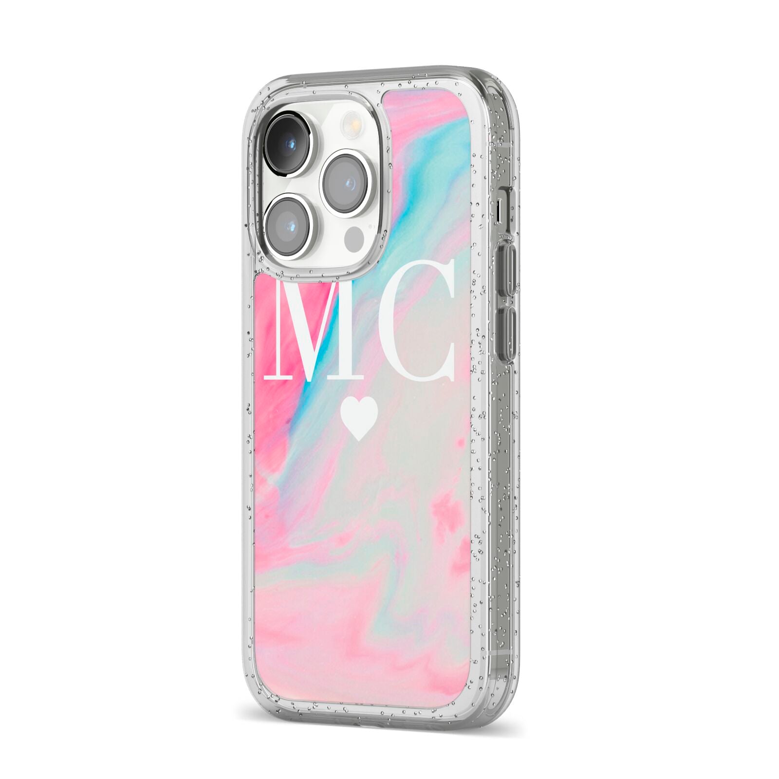 Personalised Pastel Marble Initials iPhone 14 Pro Glitter Tough Case Silver Angled Image