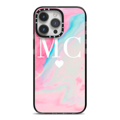 Personalised Pastel Marble Initials iPhone 14 Pro Max Black Impact Case on Silver phone