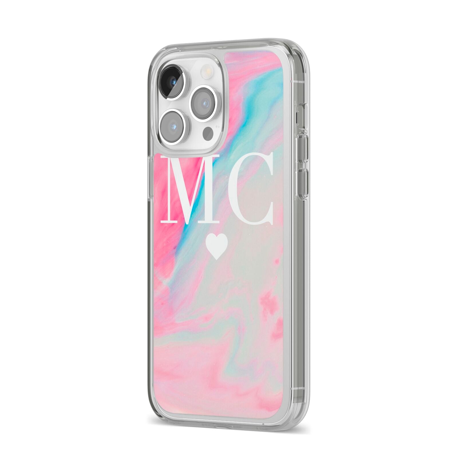 Personalised Pastel Marble Initials iPhone 14 Pro Max Clear Tough Case Silver Angled Image