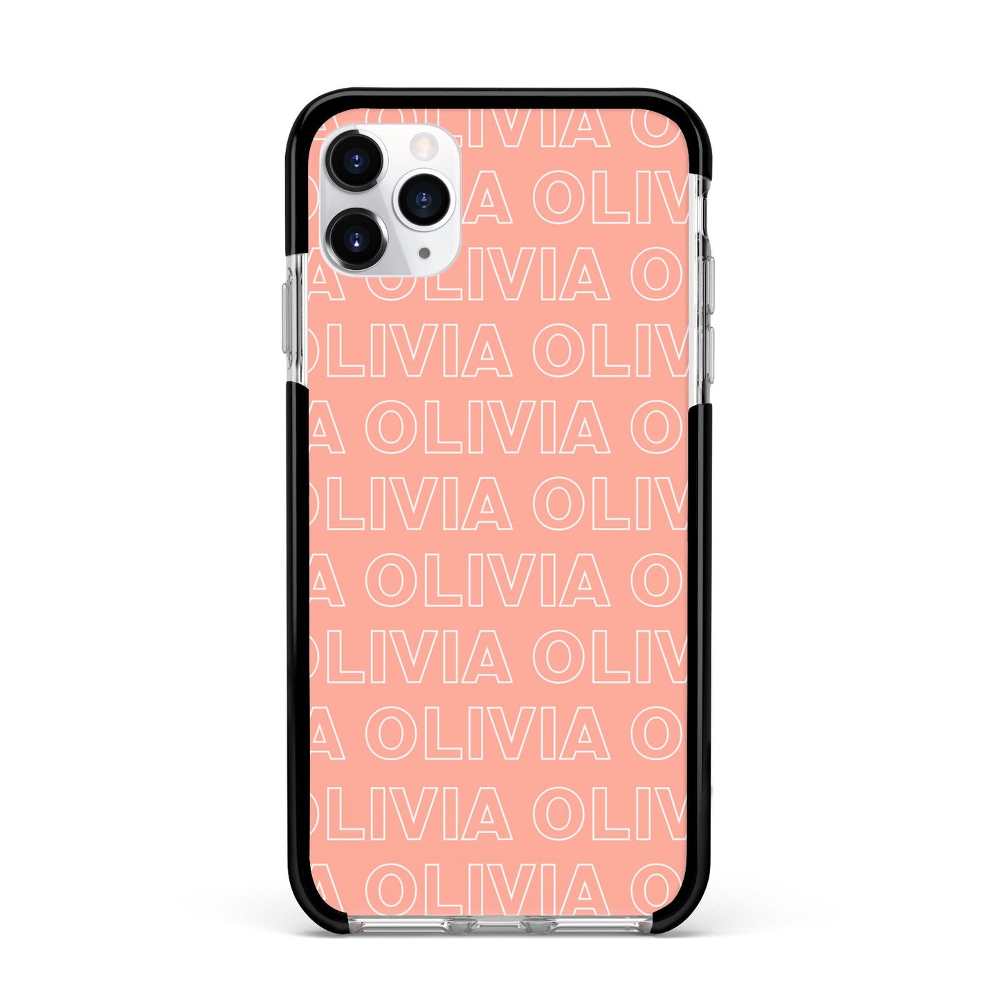 Personalised Peach Name Apple iPhone 11 Pro Max in Silver with Black Impact Case